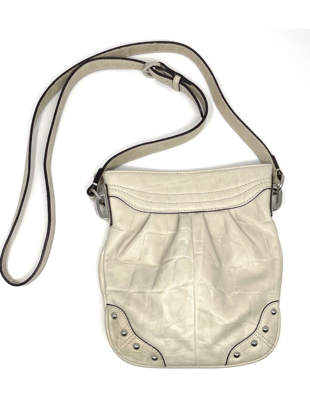 B Makowsky Light Beige Leather Crossbody Purse Studded Corners